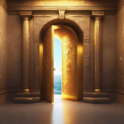 The stone doors swing open, revealing a room bathed in a shimmering golden radiance like sunlight reflecting off the ocean