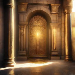 The stone doors swing open, revealing a room bathed in a shimmering golden radiance like sunlight reflecting off the ocean