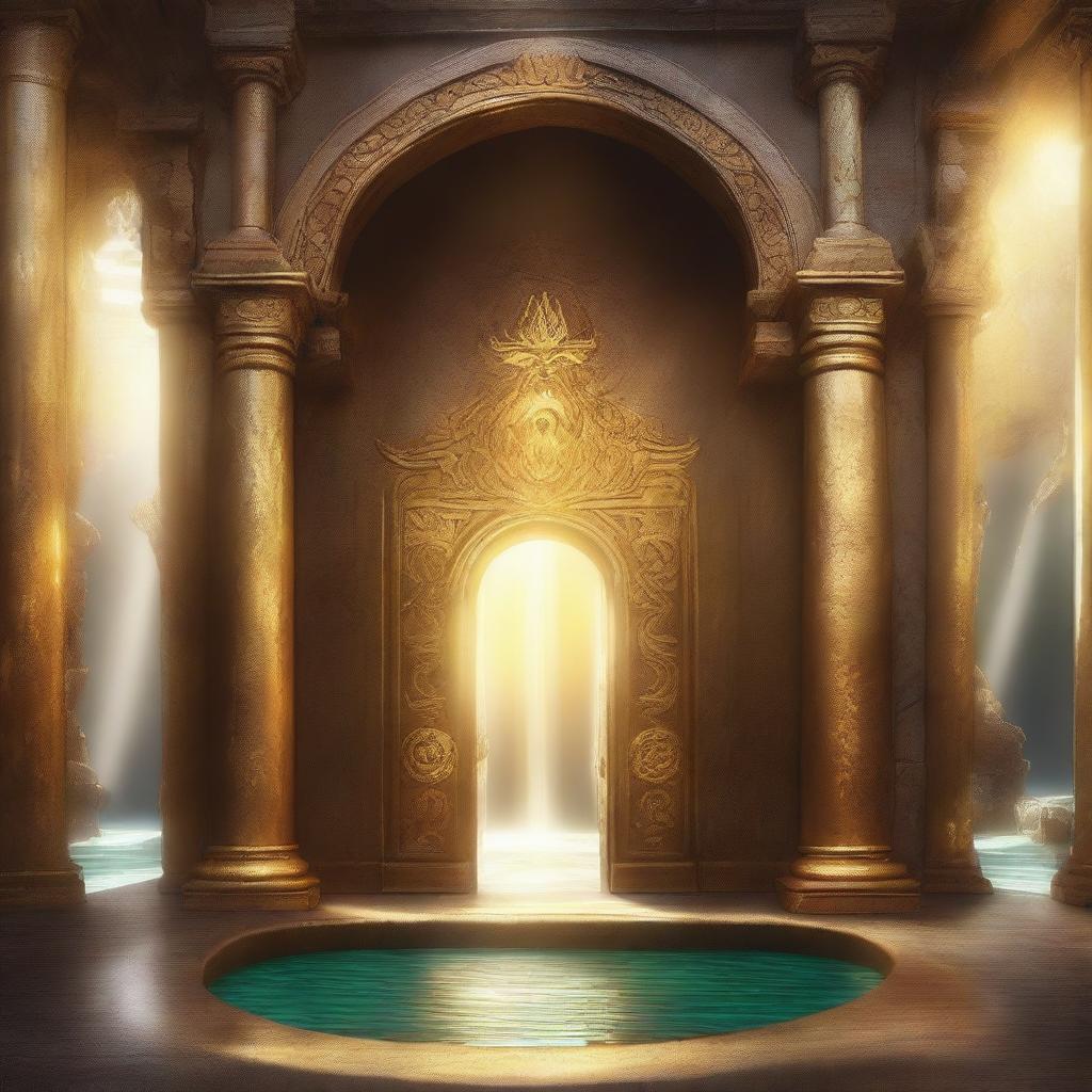 The stone doors swing open, revealing a room bathed in a shimmering golden radiance like sunlight reflecting off the ocean