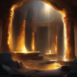 A cave with dwarven ruins bathed in a shimmering golden radiance