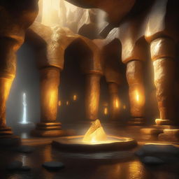 A cave with dwarven ruins bathed in a shimmering golden radiance