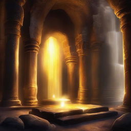 A cave with dwarven ruins bathed in a shimmering golden radiance