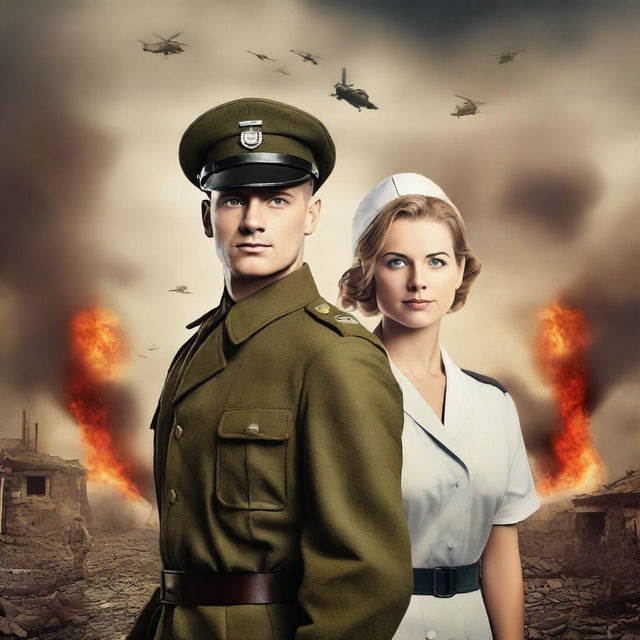 Create a book cover featuring a German male soldier and a female nurse set in World War II