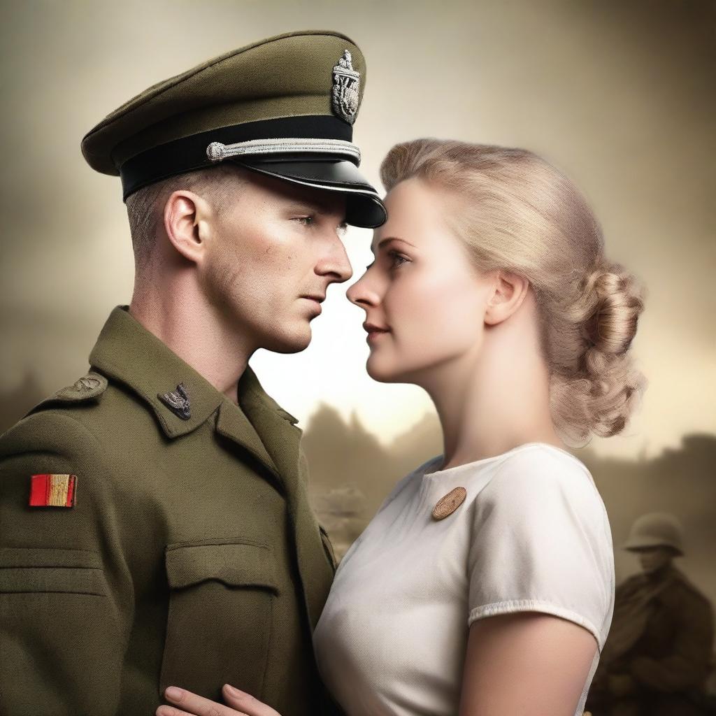 Create a realistic book cover featuring a German male soldier and a female nurse set in World War II