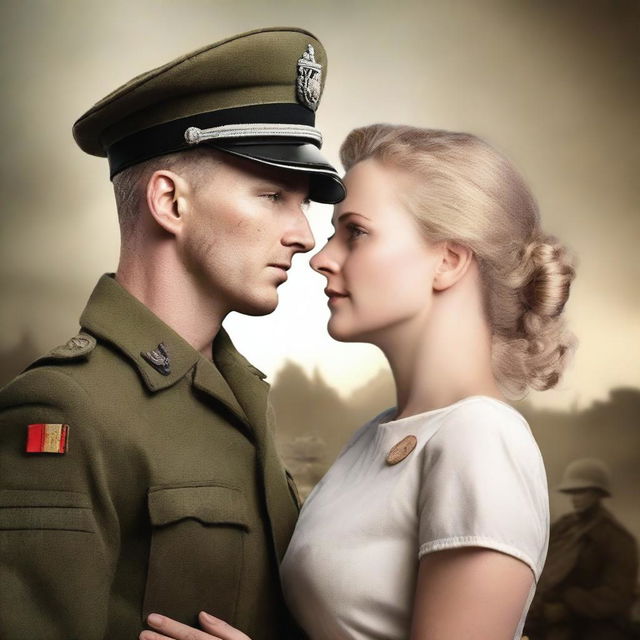 Create a realistic book cover featuring a German male soldier and a female nurse set in World War II