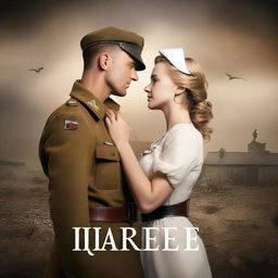 Create a realistic book cover featuring a German male soldier and a female nurse set in World War II