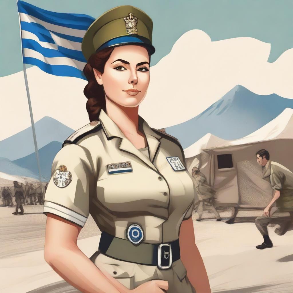 A detailed illustration of a nurse in the Greek army, wearing a traditional military uniform with medical insignia