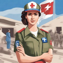 A detailed illustration of a nurse in the Greek army, wearing a traditional military uniform with medical insignia