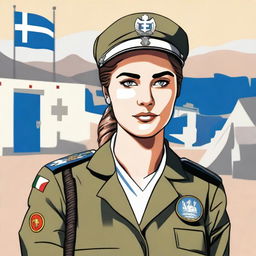 A detailed illustration of a nurse in the Greek army, wearing a traditional military uniform with medical insignia