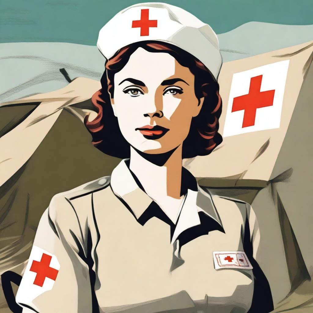 A detailed illustration of a nurse from World War Two, wearing a vintage military nurse uniform with a Red Cross armband