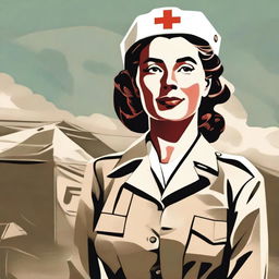 A detailed illustration of a nurse from World War Two, wearing a vintage military nurse uniform with a Red Cross armband