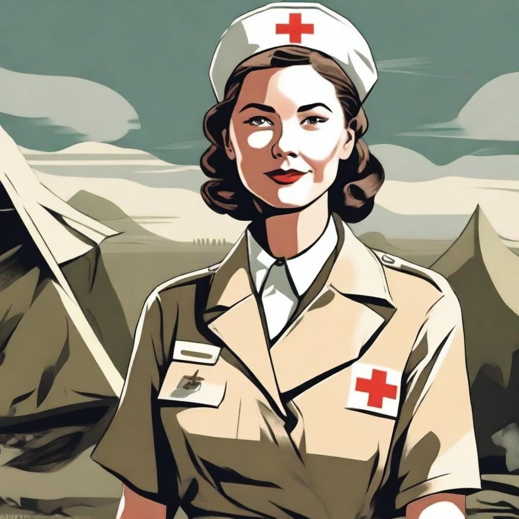 A detailed illustration of a nurse from World War Two, wearing a vintage military nurse uniform with a Red Cross armband