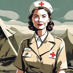 A detailed illustration of a nurse from World War Two, wearing a vintage military nurse uniform with a Red Cross armband