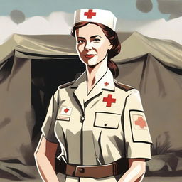 A detailed illustration of a nurse from World War Two, wearing a vintage military nurse uniform with a Red Cross armband