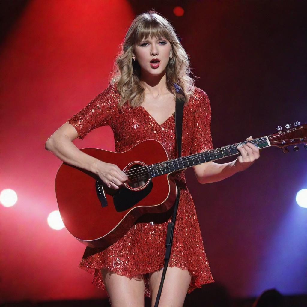 Taylor Swift performing on stage under bright, colorful lights with her shiny red guitar