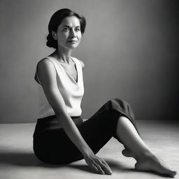 A black and white image of a woman sitting on the floor in a relaxed and confident posture