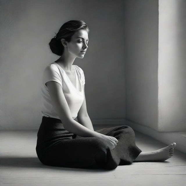 A black and white image of a woman sitting on the floor in a relaxed and confident posture