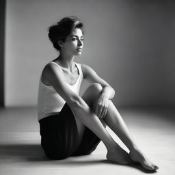 A black and white image of a woman sitting on the floor in a relaxed and confident posture