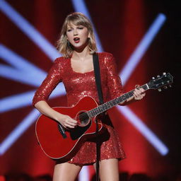 Taylor Swift performing on stage under bright, colorful lights with her shiny red guitar