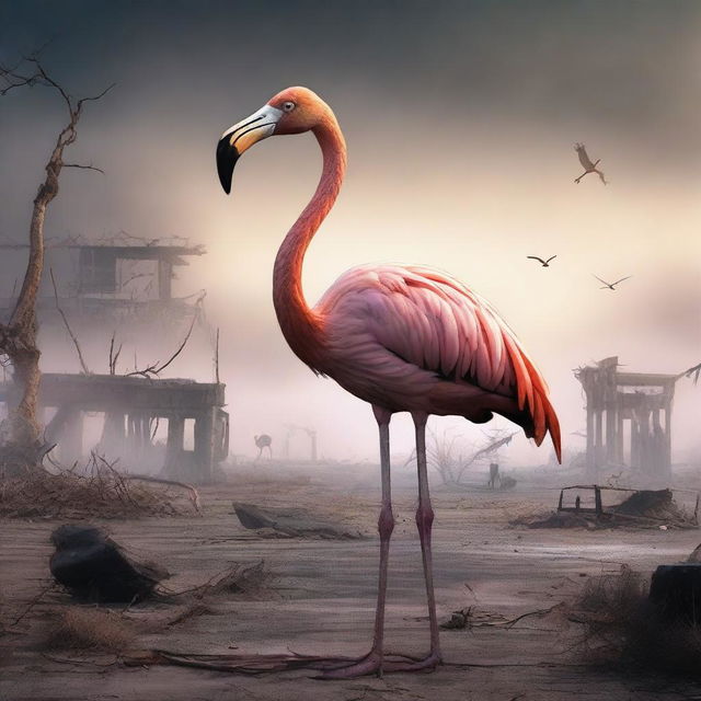 A post-apocalyptic scene featuring a flamingo