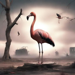 A post-apocalyptic scene featuring a flamingo