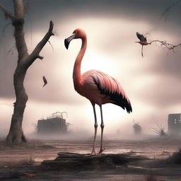 A post-apocalyptic scene featuring a flamingo