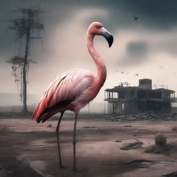 A post-apocalyptic scene featuring a flamingo