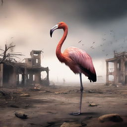 A post-apocalyptic scene featuring a flamingo