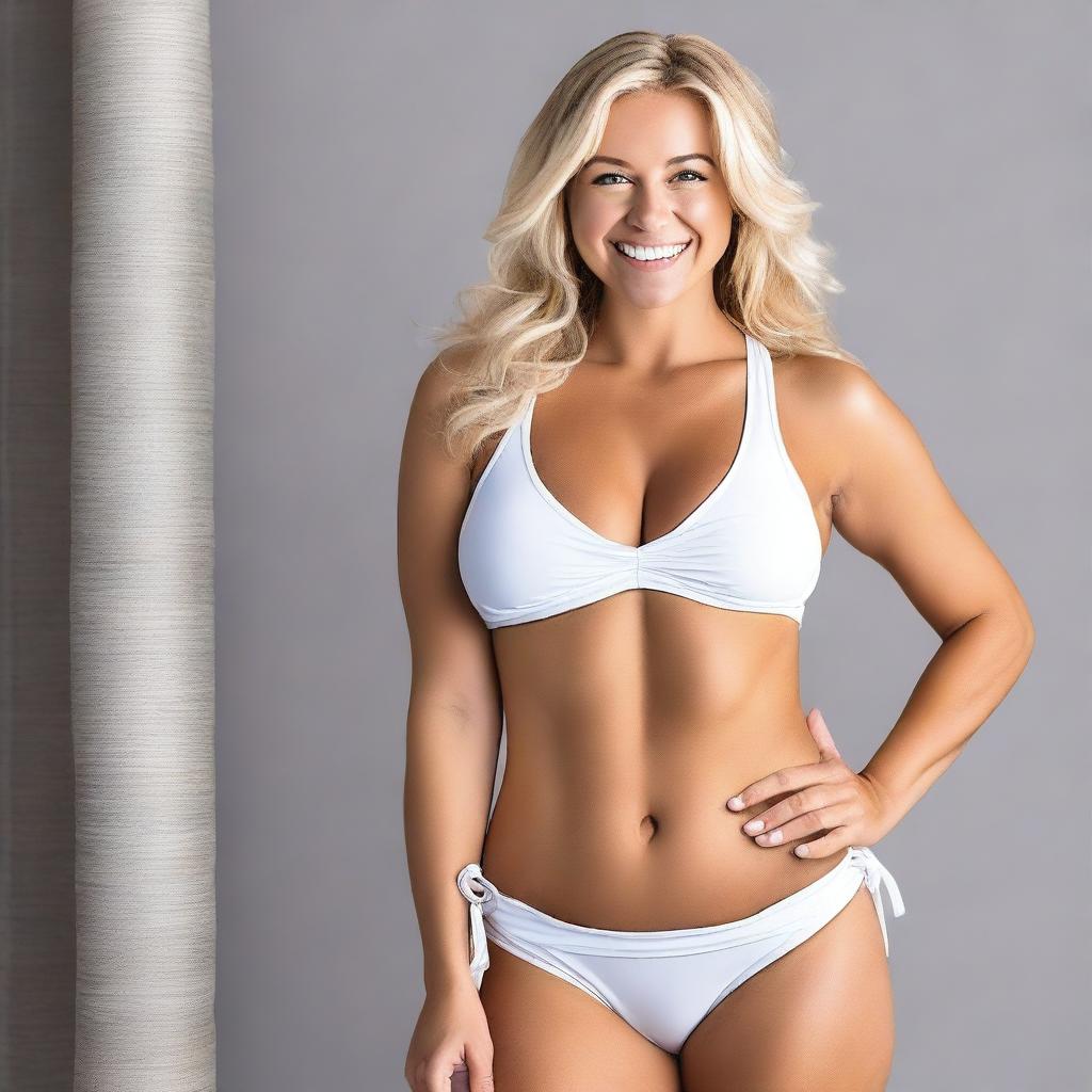 A blonde woman with a big smile and very large breasts, wearing a small white bikini that's cut on the sides