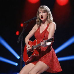 Taylor Swift performing on stage under bright, colorful lights with her shiny red guitar