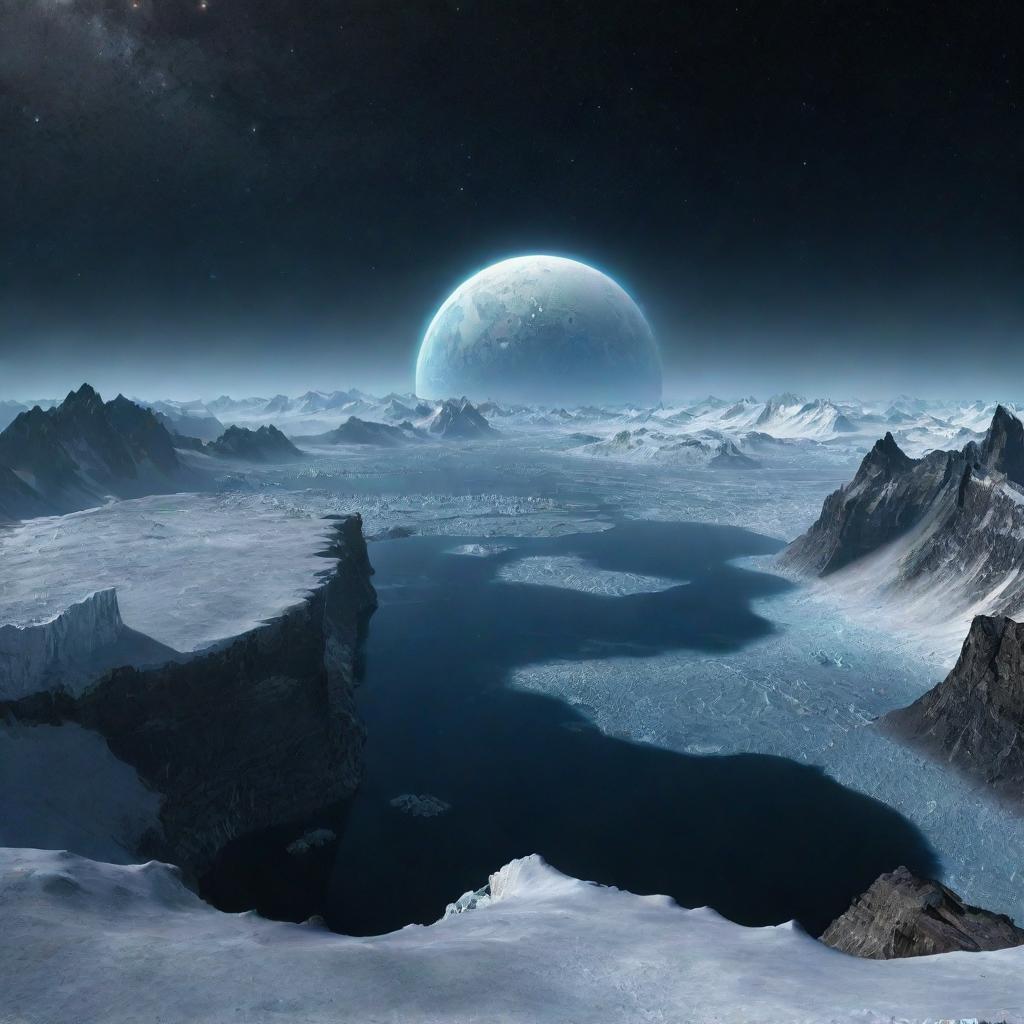 A remote, icy planet, encrusted in snow and glaciers, lit by the distant stars in the deep abyss of space.