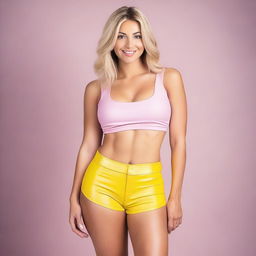 A 26-year-old blonde woman with large breasts, wearing pink leather shorts and a very small yellow top with cuts on the sides