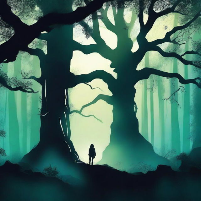 Create a captivating book cover featuring a mystical forest with ancient trees and glowing magical elements