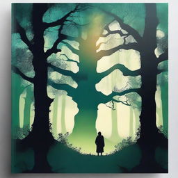 Create a captivating book cover featuring a mystical forest with ancient trees and glowing magical elements