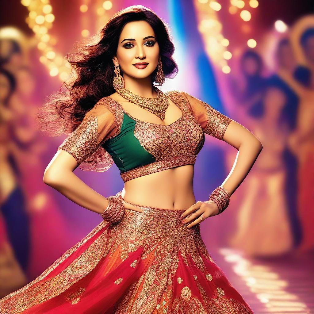 A beautiful and glamorous depiction of Madhuri Dixit performing an item song