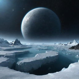 A remote, icy planet, encrusted in snow and glaciers, lit by the distant stars in the deep abyss of space.