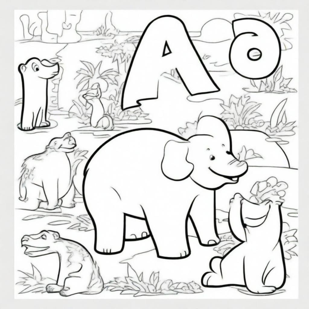 A coloring book page featuring the alphabet with zoo animals