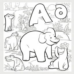 A coloring book page featuring the alphabet with zoo animals