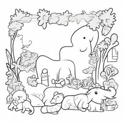 A coloring book page featuring the alphabet with zoo animals