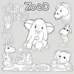 A coloring book page featuring the alphabet with zoo animals