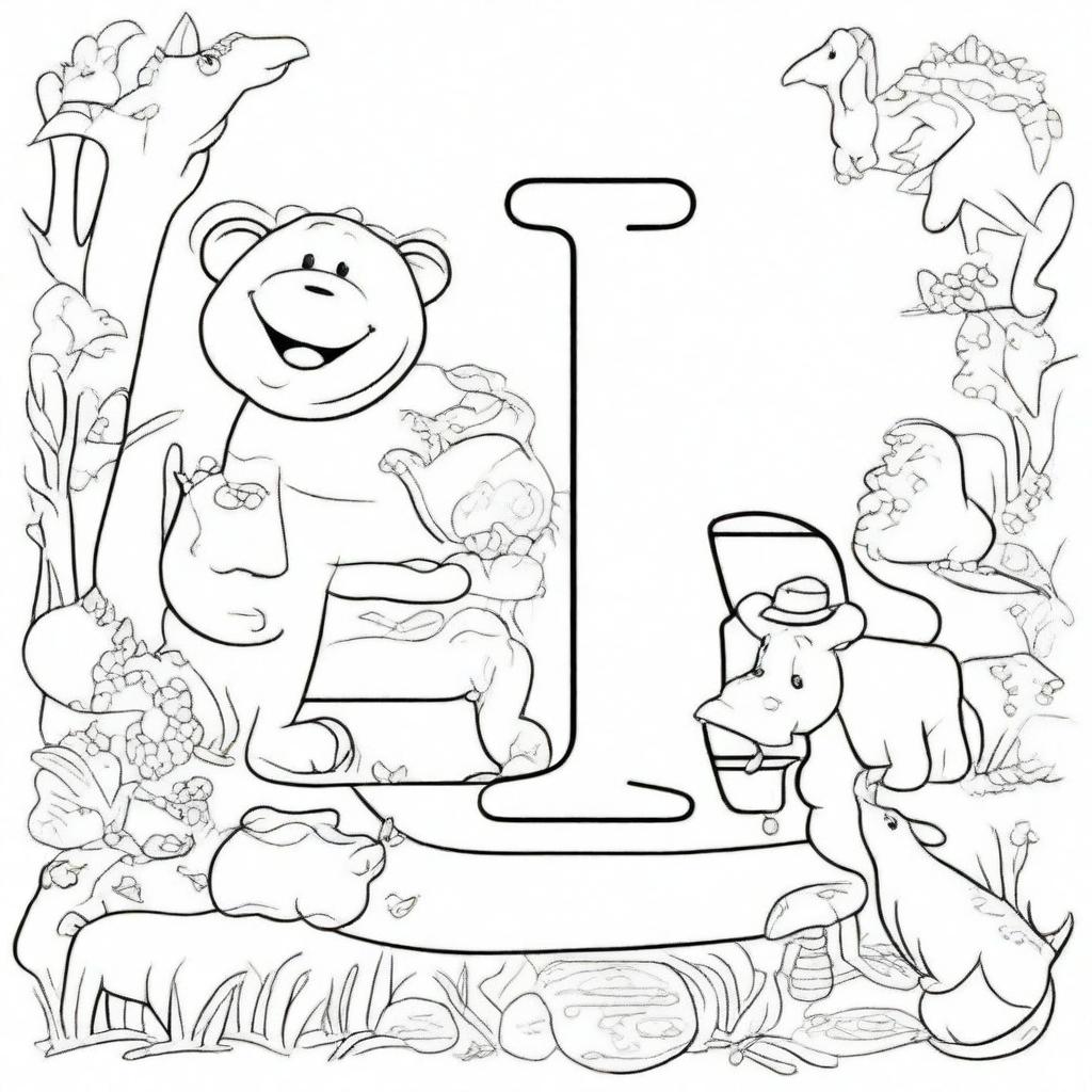 A coloring book page featuring the alphabet with zoo animals