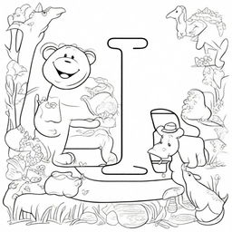 A coloring book page featuring the alphabet with zoo animals