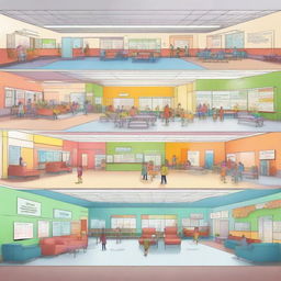 A storyboard depicting the main hall of a children's hospital