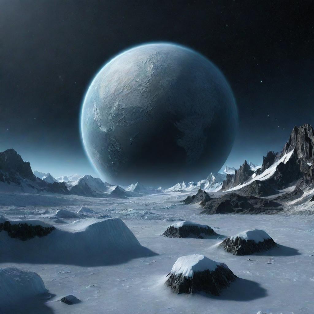 A remote, icy planet, encrusted in snow and glaciers, lit by the distant stars in the deep abyss of space.