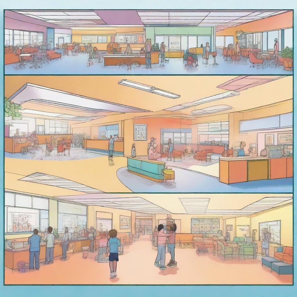 A storyboard depicting the main hall of a children's hospital