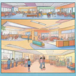 A storyboard depicting the main hall of a children's hospital