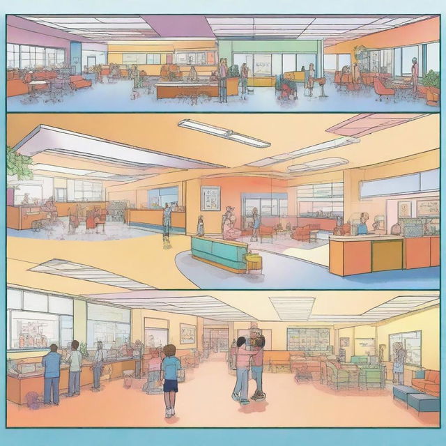 A storyboard depicting the main hall of a children's hospital