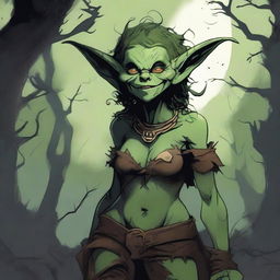 A detailed illustration of a goblin woman with luscious curves, wearing tattered animal hides