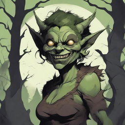 A detailed illustration of a goblin woman with luscious curves, wearing tattered animal hides