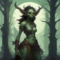 A fantasy art illustration of a goblin woman with luscious curves, wearing tattered animal hides